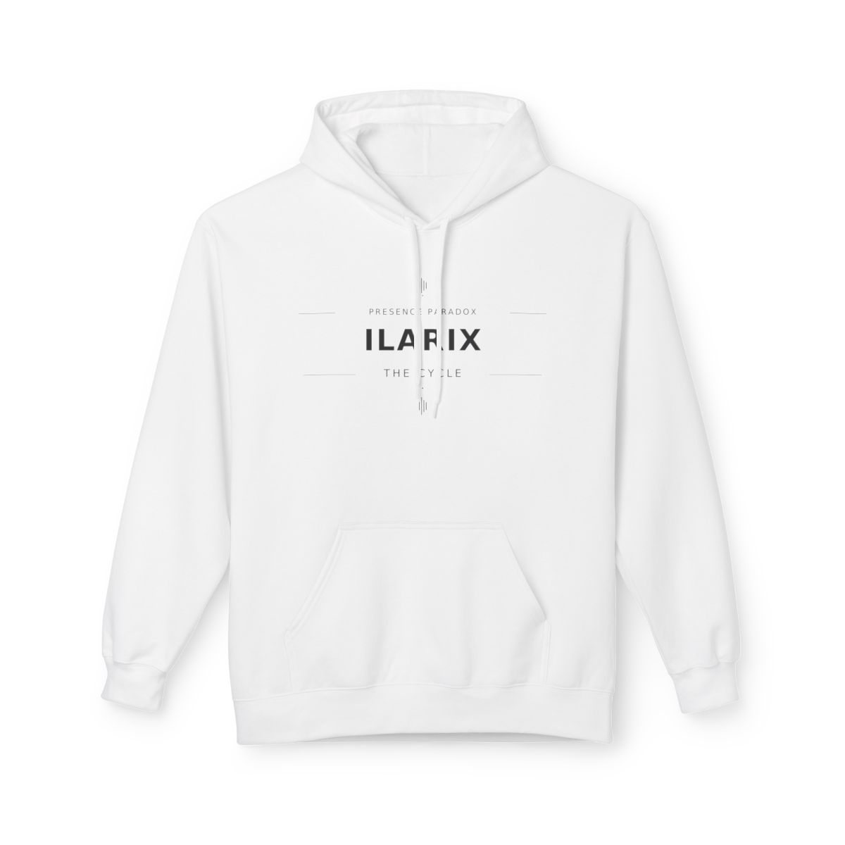 White ILARIX The Cycle hoodie, Presence Paradox front artwork